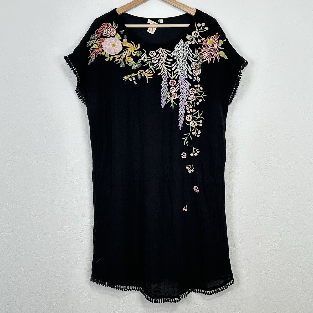 Sundance Boho Floral Embroidered Knee Shift Dress Sz Small Black Gauzy Lace